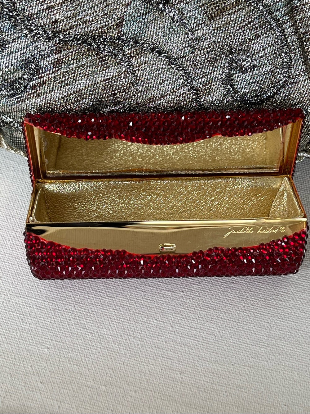 Judith Leiber Red Crystal Lipstick Compact Mirror Case, Like New - Picture 5 of 13